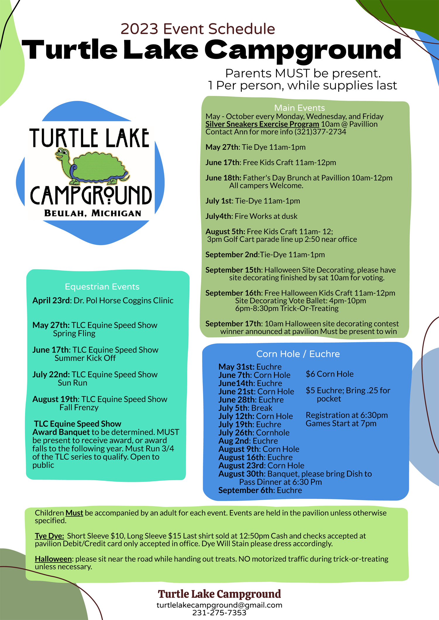 2023 Event Schedule for Turtle Lake Campground.