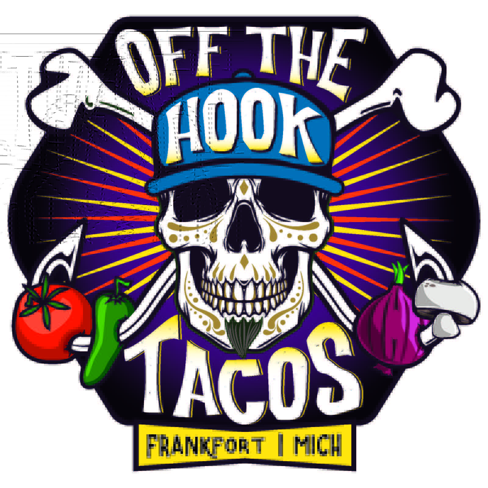 Logo of 'Off The Hook Tacos' featuring a skull wearing a chef's hat and a cap with vibrant produce and rays of light in the background, representing their Frankfort, Michigan location.